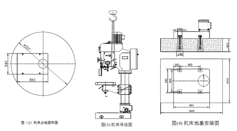 Z5050占地麵積圖、吊運圖和地基安裝圖
